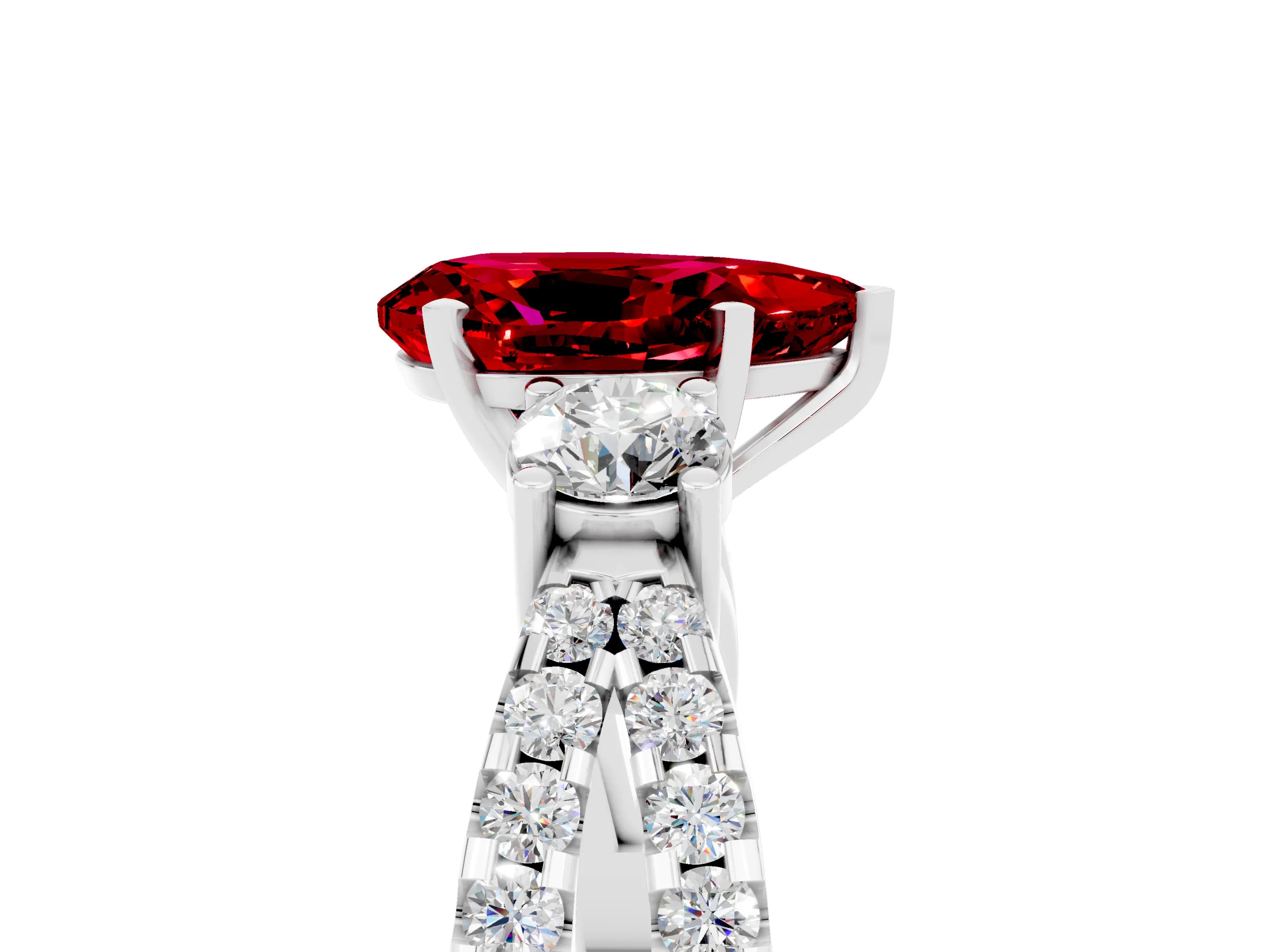 White gold Pear Cut Ruby Three-Stone Ring with Pavé Split Shank and Four-Prong Setting_17