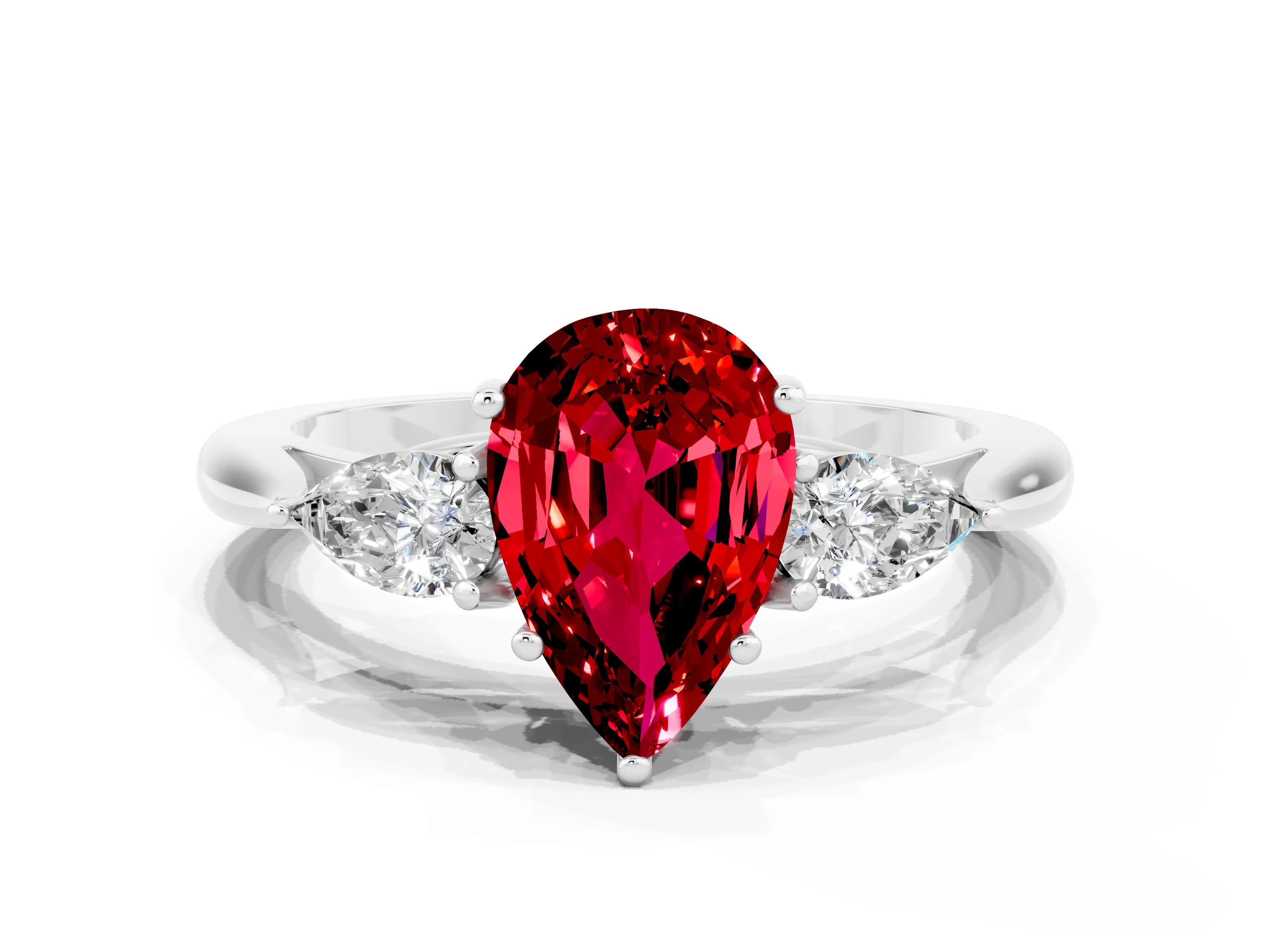 White gold Pear Cut Ruby Three-Stone Ring with Pear Side Stones and Four-Prong Setting_12