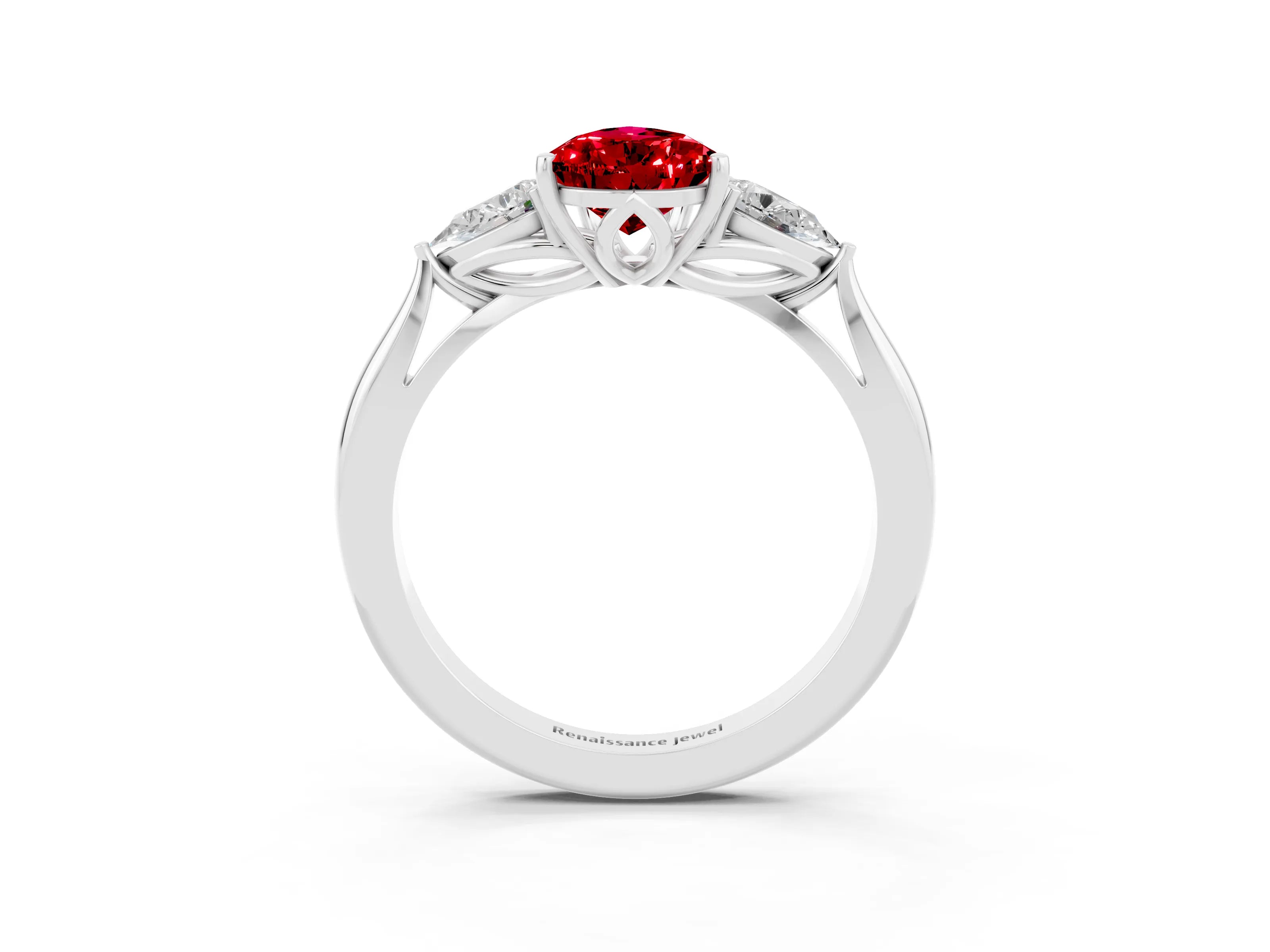 White gold Pear Cut Ruby Three-Stone Ring with Pear Side Stones and Four-Prong Setting_15