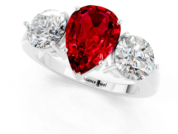 Silver Pear Cut Ruby Three-Stone Ring with Prong Setting and Classic Band