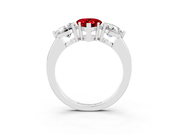 Platinum Pear Cut Ruby Three-Stone Ring with Prong Setting and Classic Band