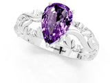 White gold Pear Cut Solitaire Amethyst Leaf-Inspired Vine Band Ring with Prong Setting_1