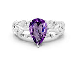 White gold Pear Cut Solitaire Amethyst Leaf-Inspired Vine Band Ring with Prong Setting