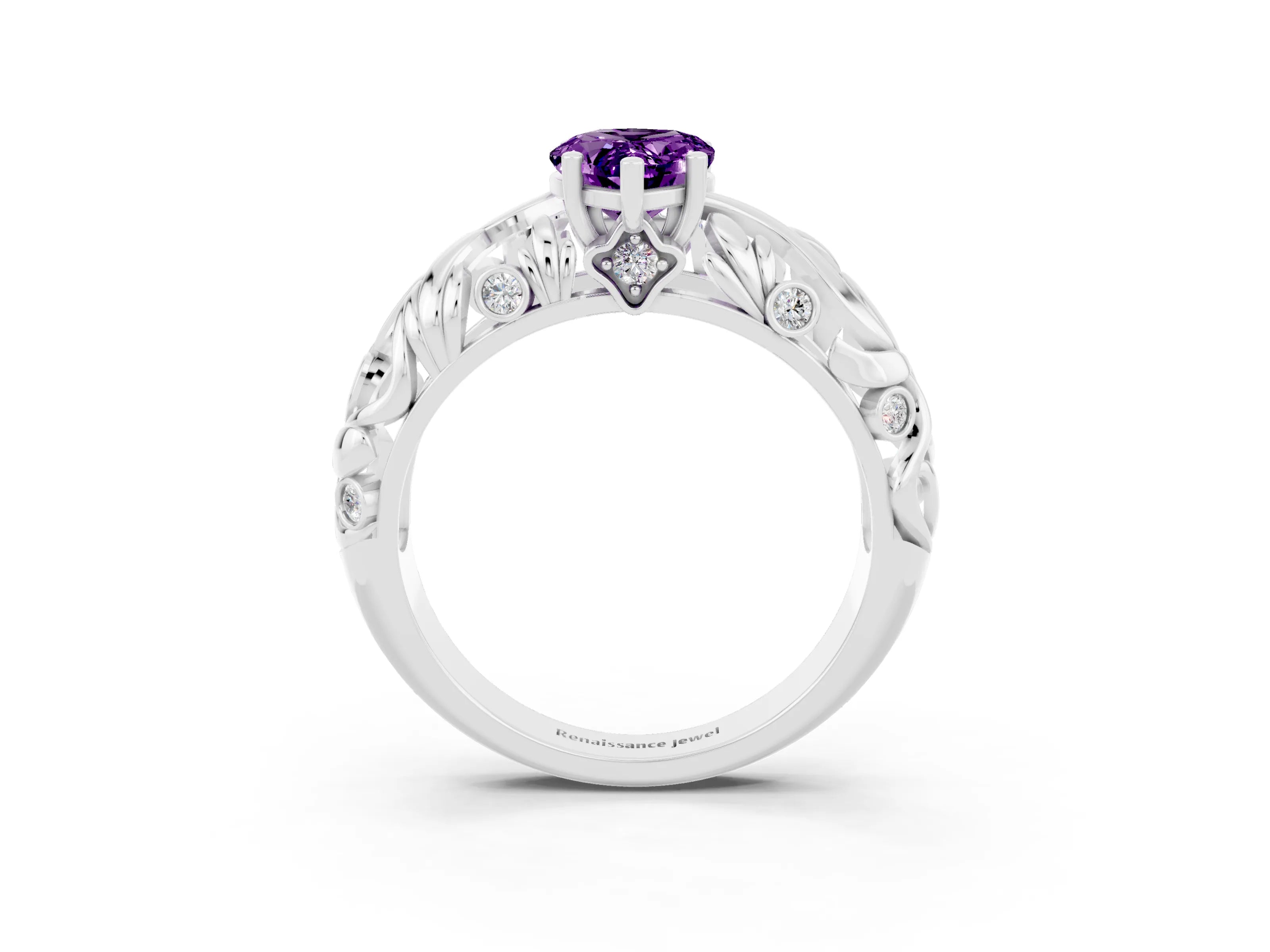 White gold Pear Cut Solitaire Amethyst Leaf-Inspired Vine Band Ring with Prong Setting_3