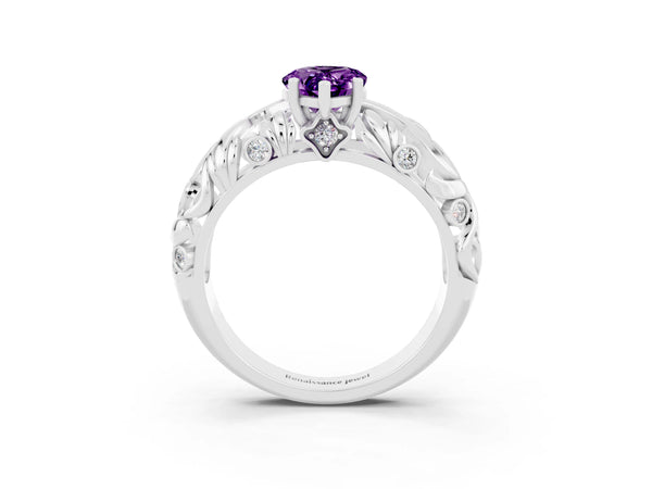 White gold Pear Cut Solitaire Amethyst Leaf-Inspired Vine Band Ring with Prong Setting
