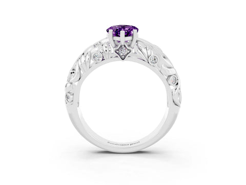 White gold Pear Cut Solitaire Amethyst Leaf-Inspired Vine Band Ring with Prong Setting_3