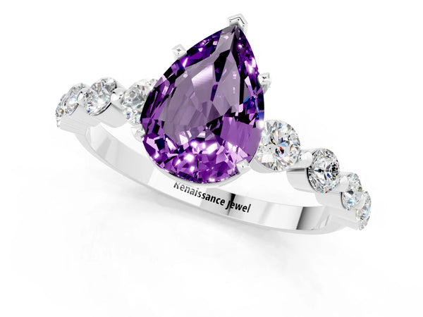 Platinum Pear Cut Solitaire Amethyst Ring with Pave Band and Four-Prong Setting