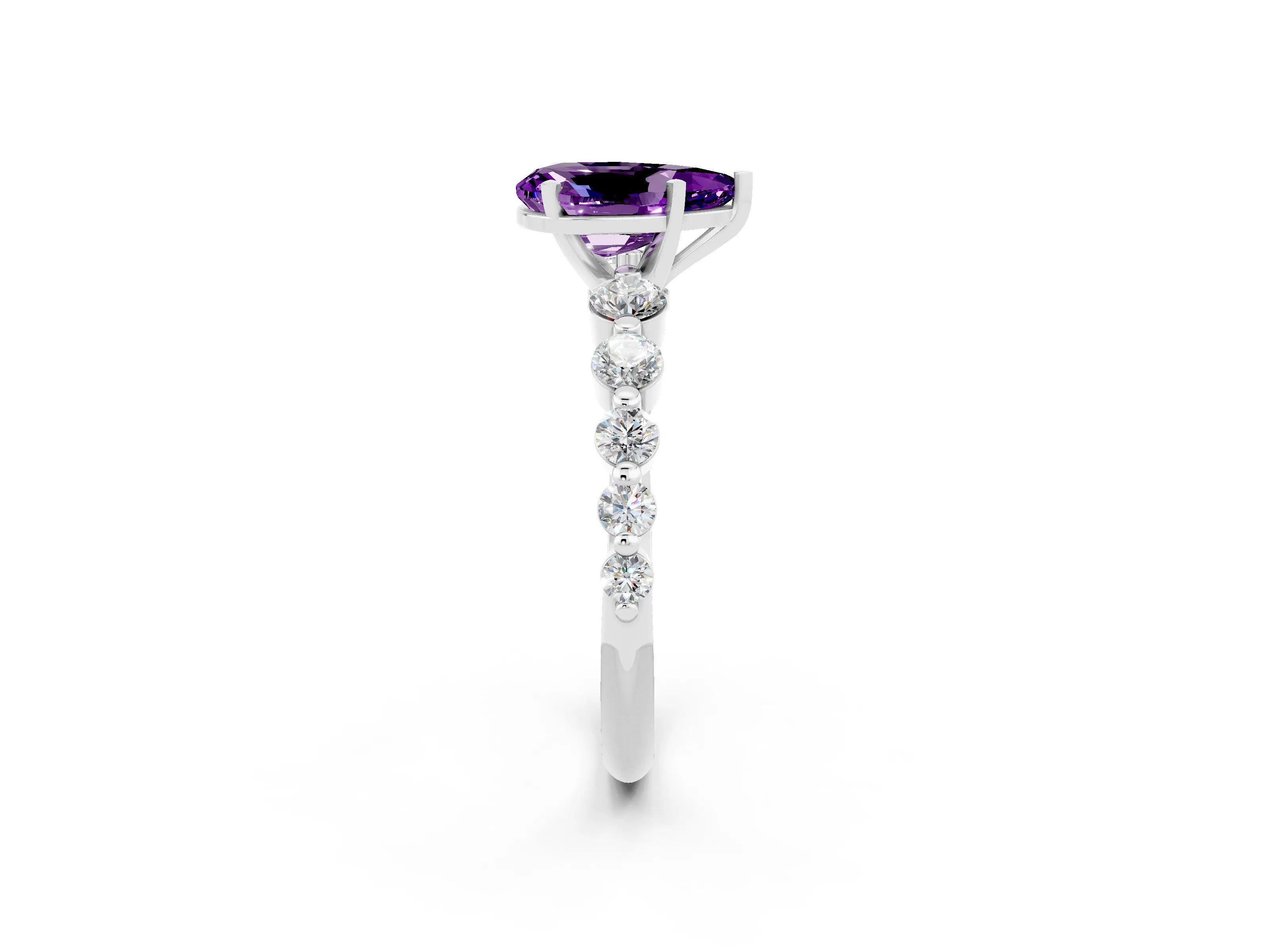 White gold Pear Cut Solitaire Amethyst Ring with Pave Band and Four-Prong Setting_2