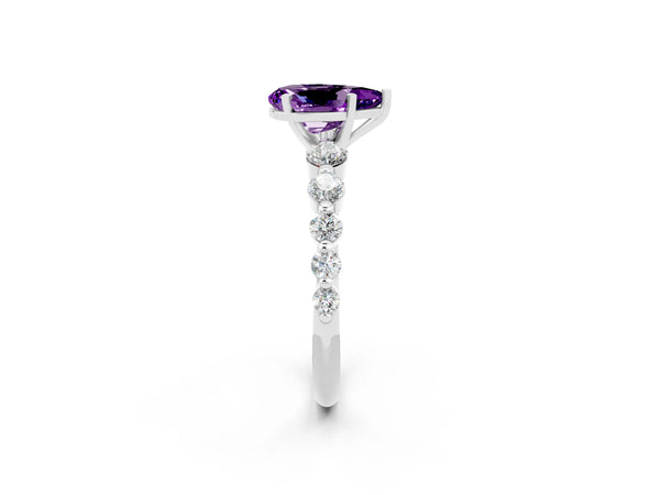 White gold Pear Cut Solitaire Amethyst Ring with Pave Band and Four-Prong Setting