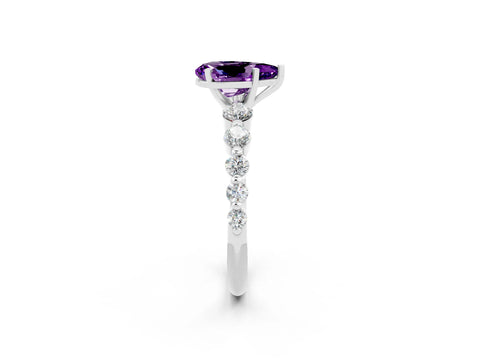 White gold Pear Cut Solitaire Amethyst Ring with Pave Band and Four-Prong Setting_2
