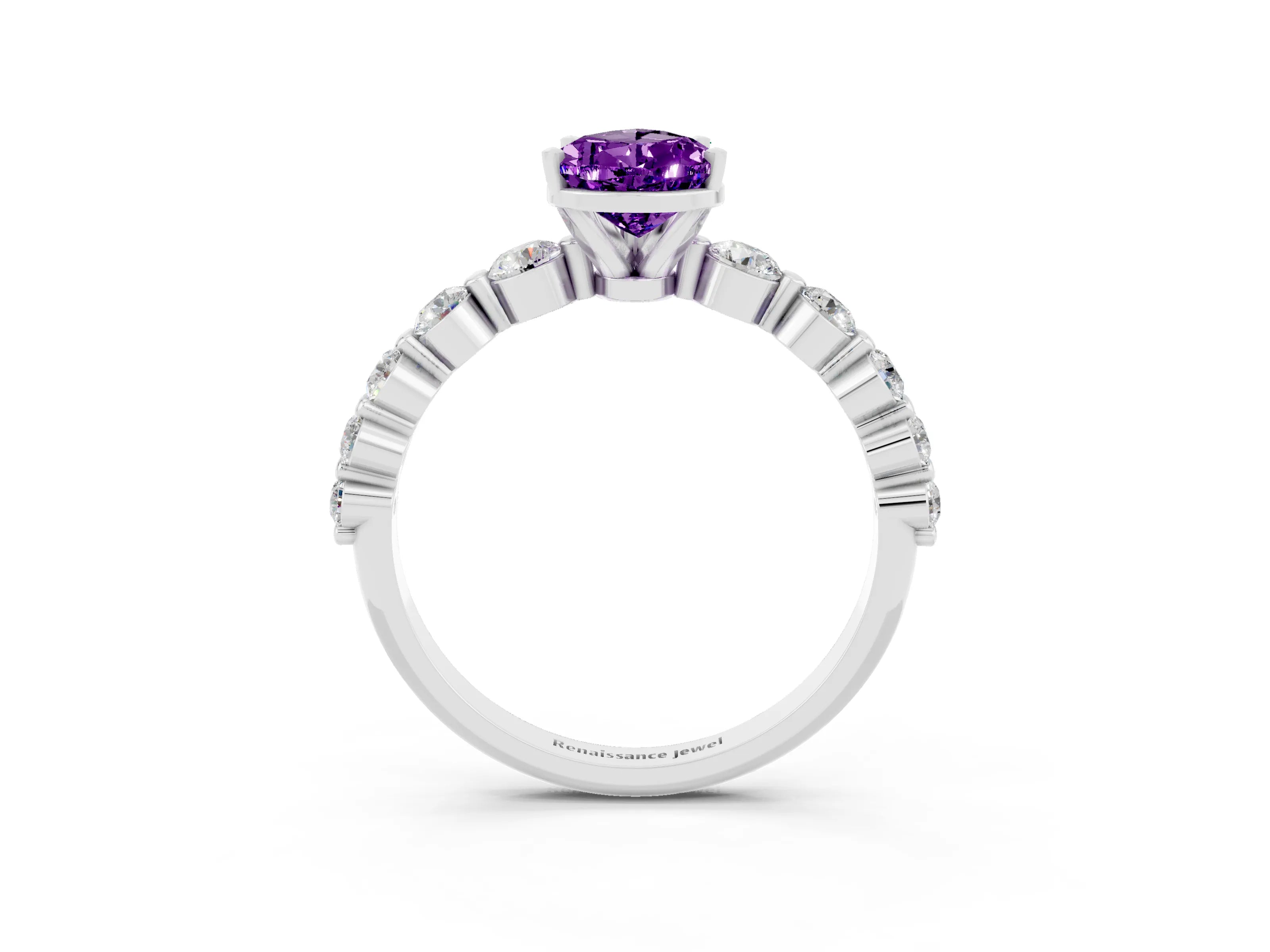 White gold Pear Cut Solitaire Amethyst Ring with Pave Band and Four-Prong Setting_3
