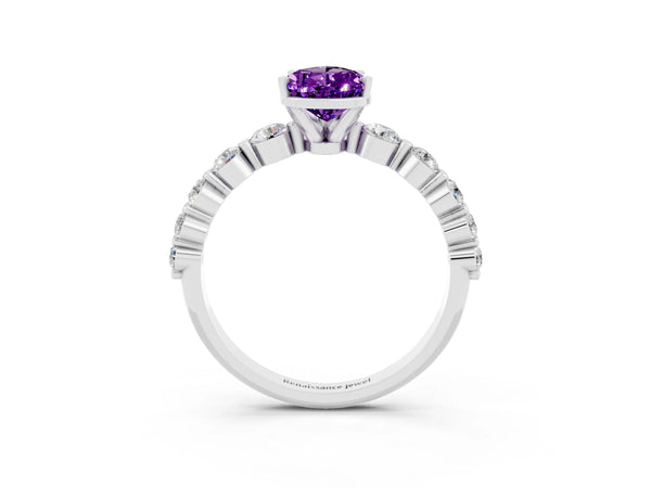 White gold Pear Cut Solitaire Amethyst Ring with Pave Band and Four-Prong Setting