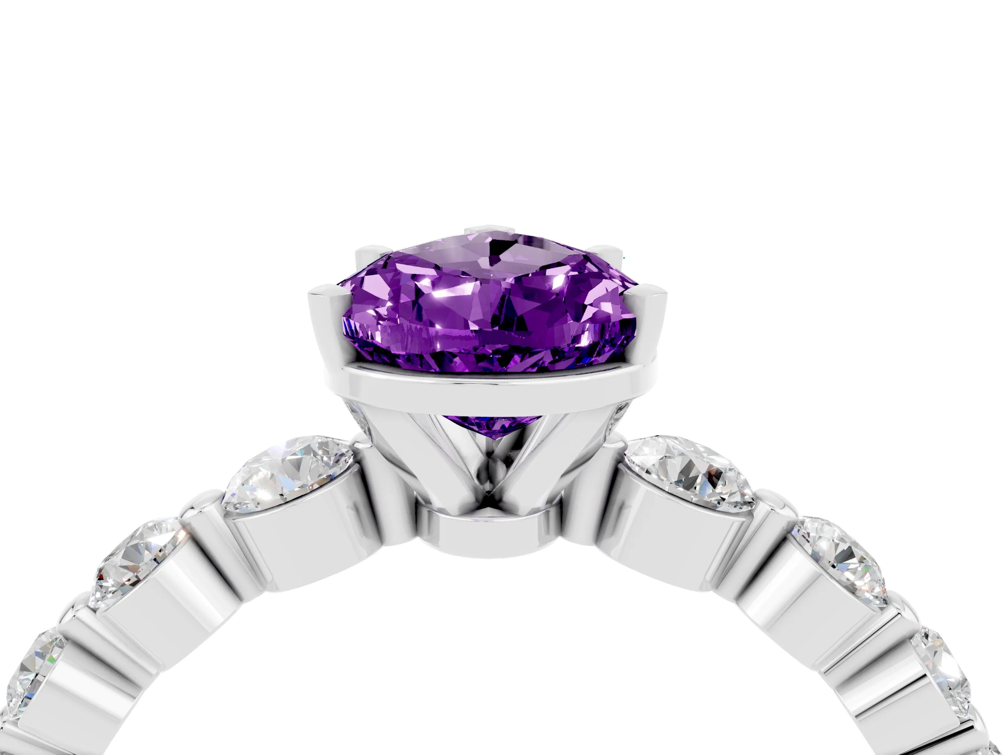 White gold Pear Cut Solitaire Amethyst Ring with Pave Band and Four-Prong Setting_4
