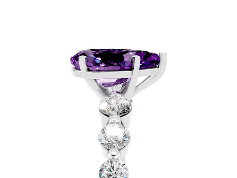 White gold Pear Cut Solitaire Amethyst Ring with Pave Band and Four-Prong Setting_5