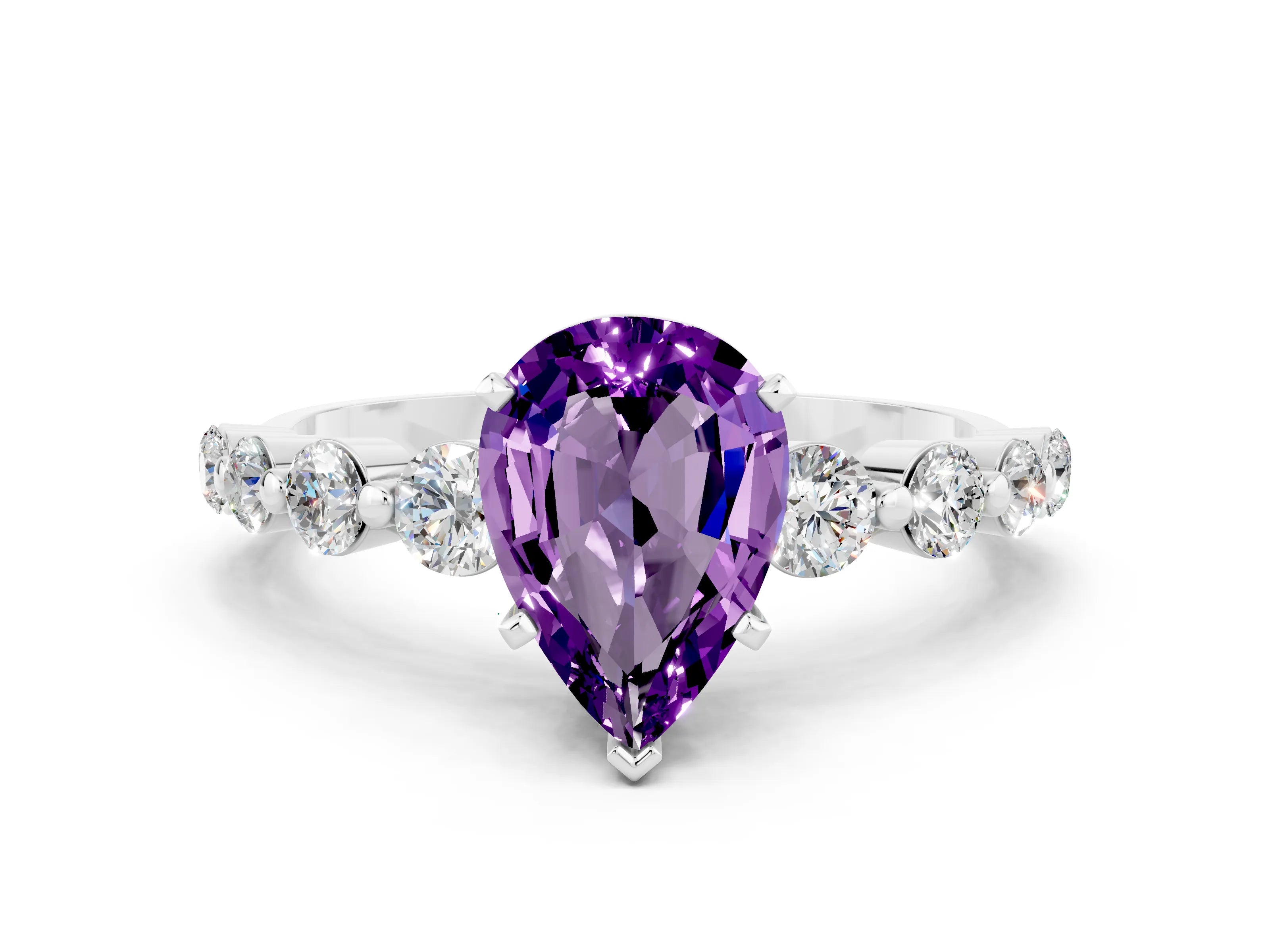 White gold Pear Cut Solitaire Amethyst Ring with Pave Band and Four-Prong Setting
