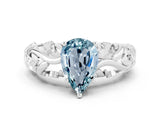 White gold Pear Cut Solitaire Aquamarine Leaf-Inspired Vine Band Ring with Prong Setting