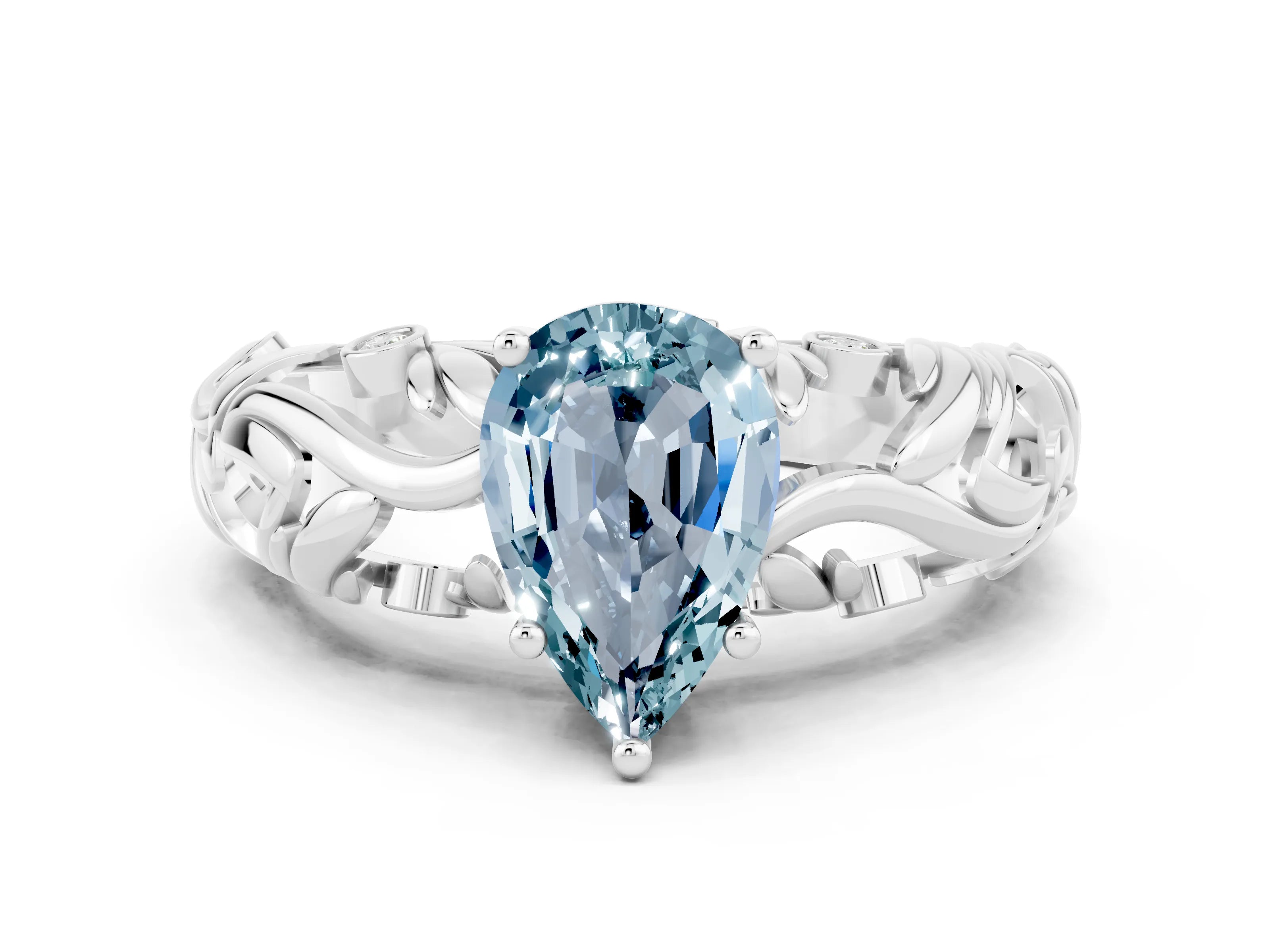 White gold Pear Cut Solitaire Aquamarine Leaf-Inspired Vine Band Ring with Prong Setting