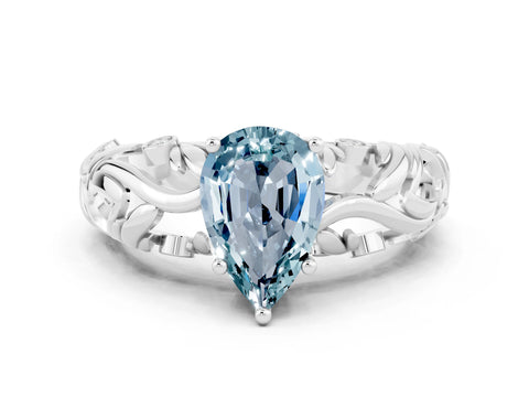 White gold Pear Cut Solitaire Aquamarine Leaf-Inspired Vine Band Ring with Prong Setting