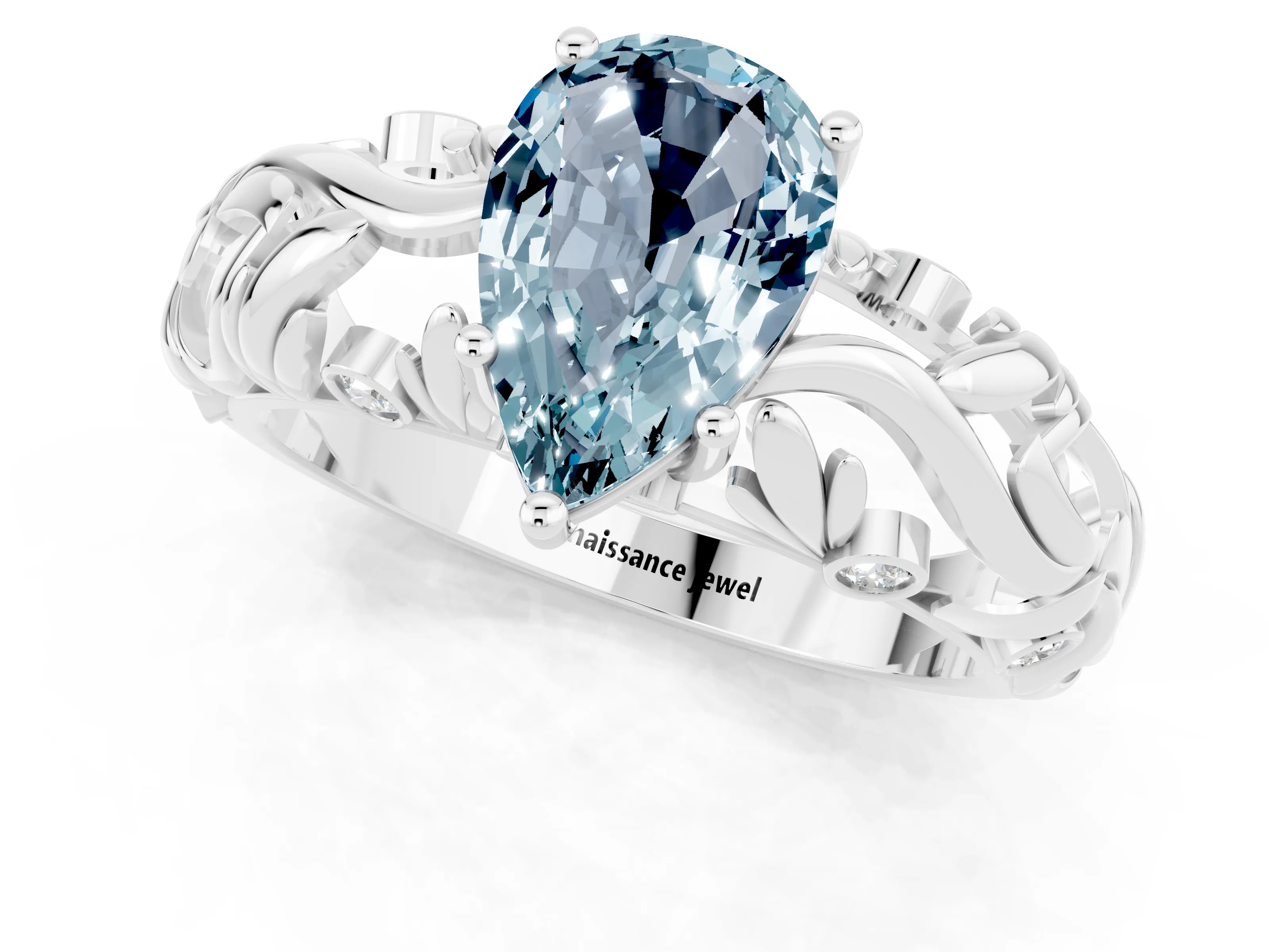 White gold Pear Cut Solitaire Aquamarine Leaf-Inspired Vine Band Ring with Prong Setting_1