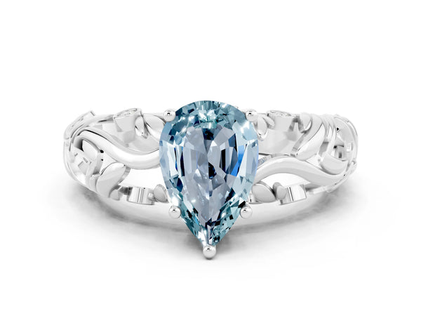 White gold Pear Cut Solitaire Aquamarine Leaf-Inspired Vine Band Ring with Prong Setting