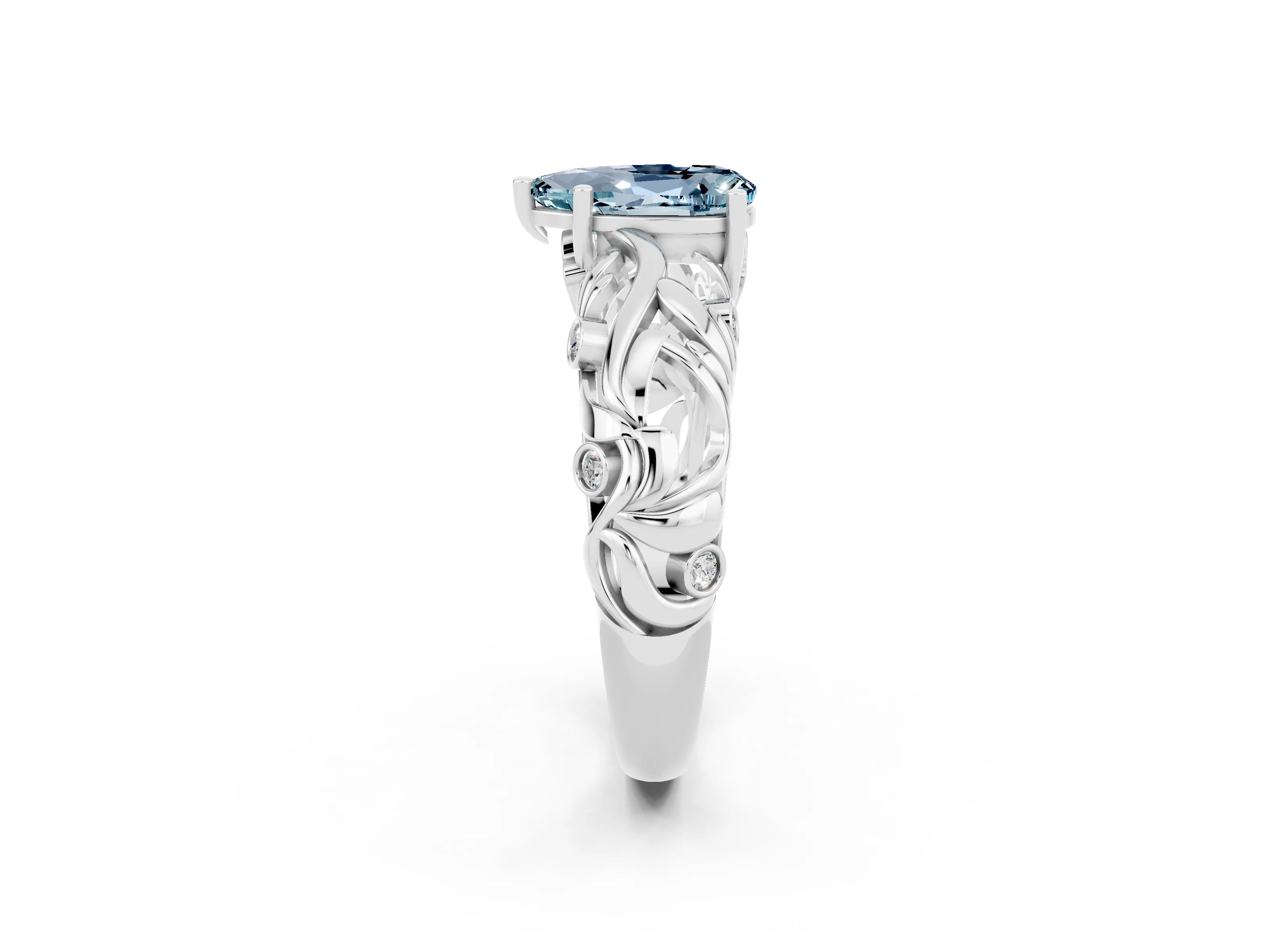 White gold Pear Cut Solitaire Aquamarine Leaf-Inspired Vine Band Ring with Prong Setting_2