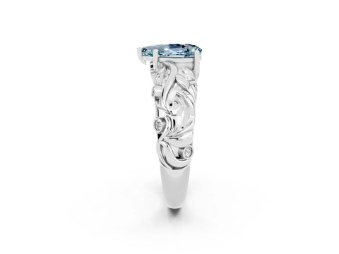 White gold Pear Cut Solitaire Aquamarine Leaf-Inspired Vine Band Ring with Prong Setting_2