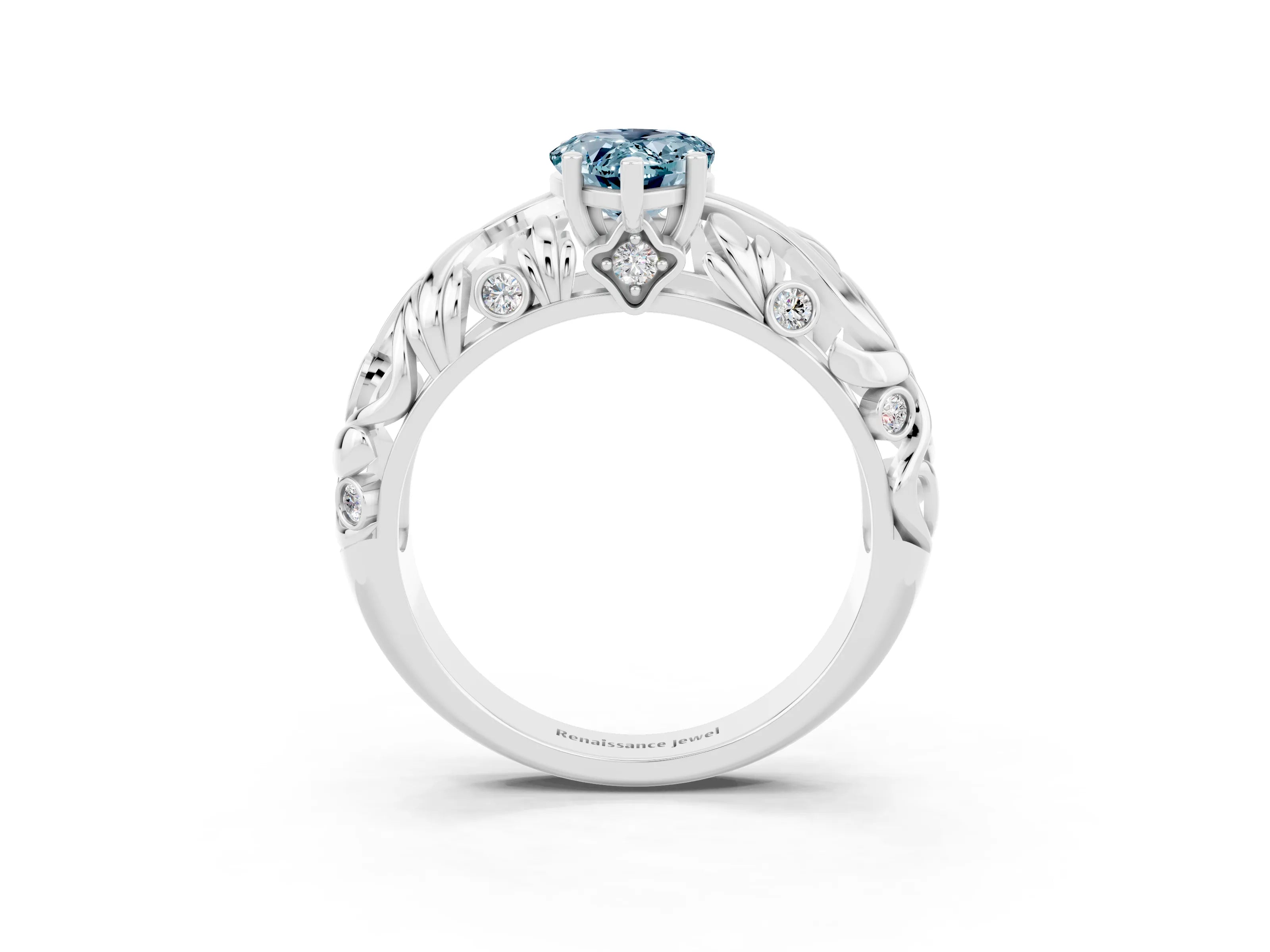 White gold Pear Cut Solitaire Aquamarine Leaf-Inspired Vine Band Ring with Prong Setting_3