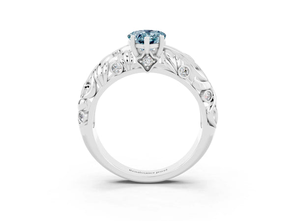 Silver Pear Cut Solitaire Aquamarine Leaf-Inspired Vine Band Ring with Prong Setting