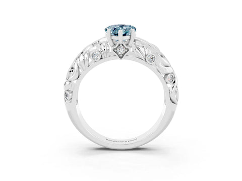 White gold Pear Cut Solitaire Aquamarine Leaf-Inspired Vine Band Ring with Prong Setting_3