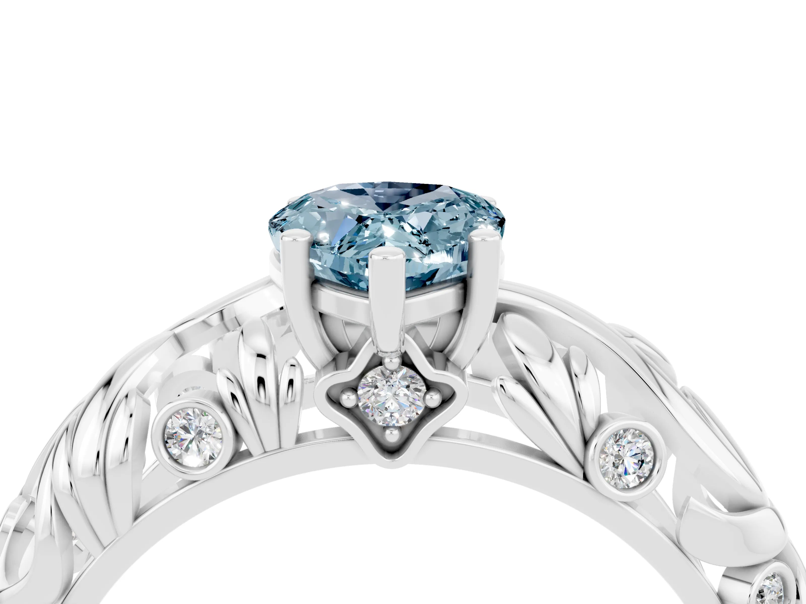 White gold Pear Cut Solitaire Aquamarine Leaf-Inspired Vine Band Ring with Prong Setting_4