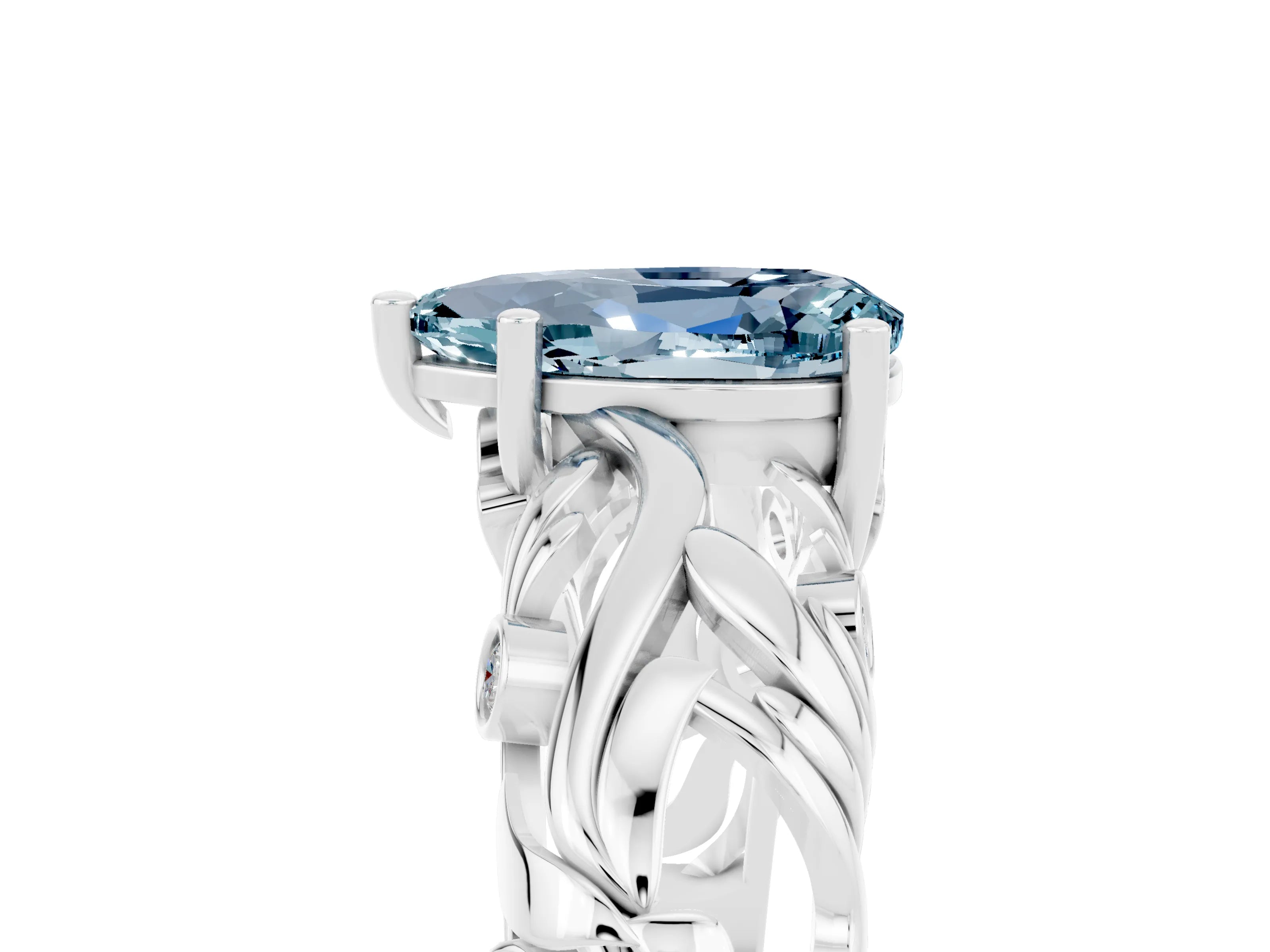White gold Pear Cut Solitaire Aquamarine Leaf-Inspired Vine Band Ring with Prong Setting_5