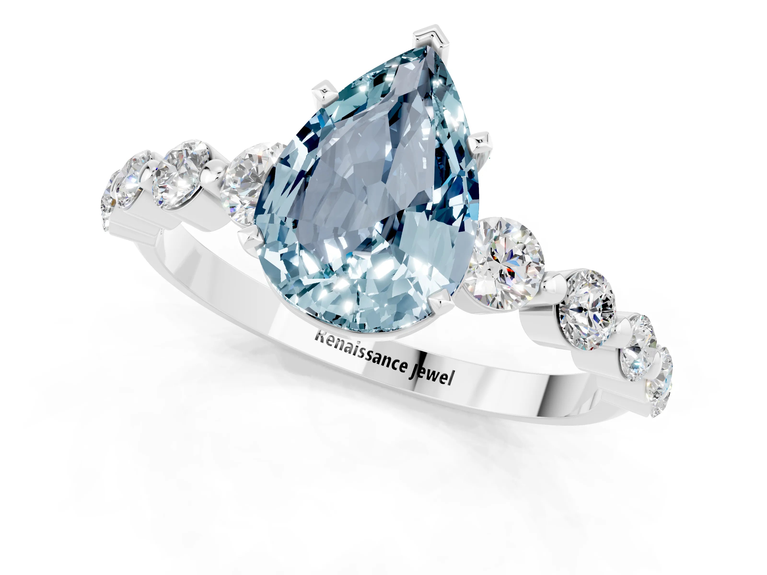 White gold Pear Cut Solitaire Aquamarine Ring with Pave Band and Four-Prong Setting_1