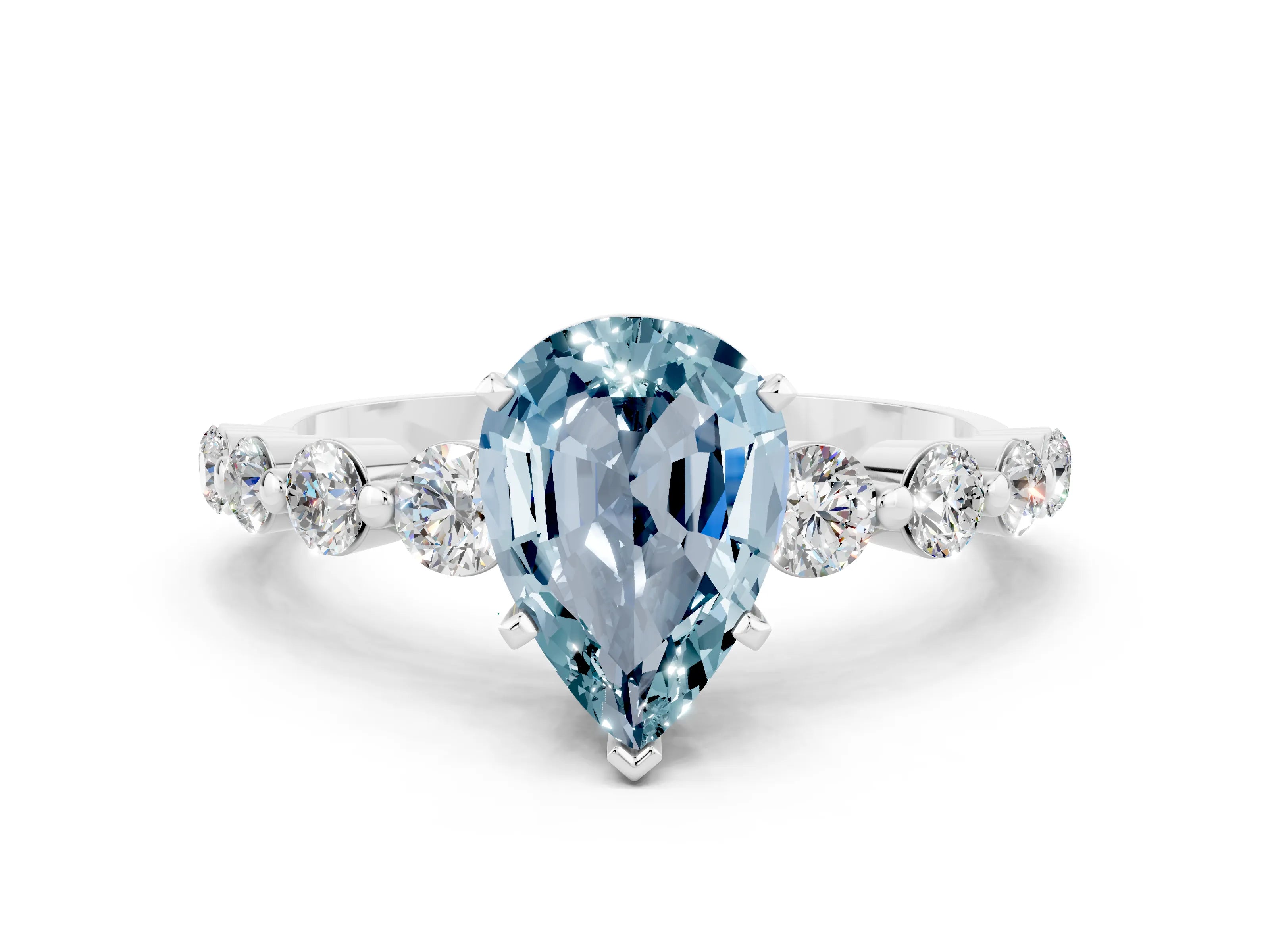 White gold Pear Cut Solitaire Aquamarine Ring with Pave Band and Four-Prong Setting