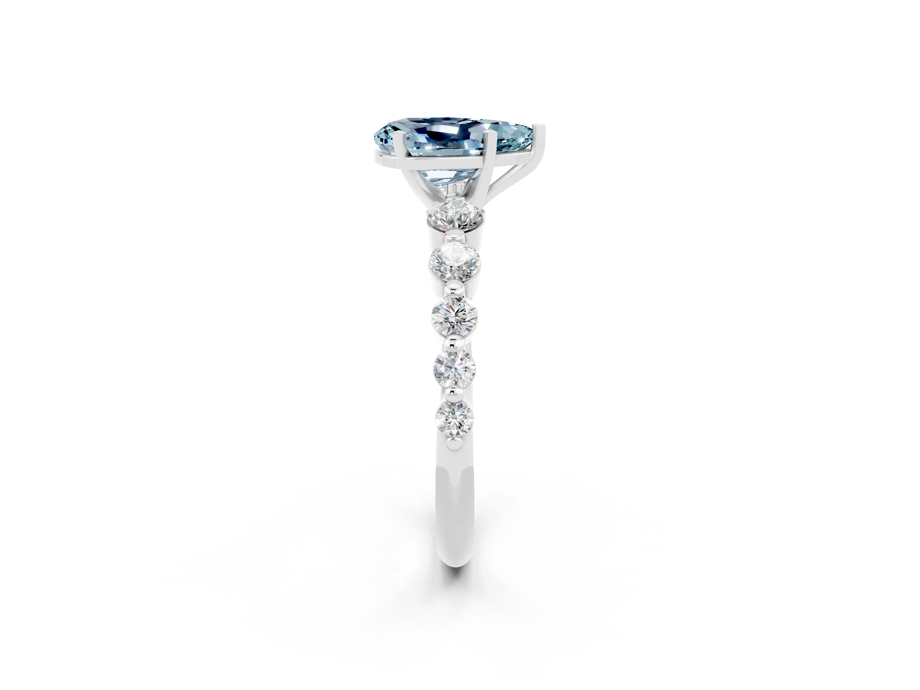 White gold Pear Cut Solitaire Aquamarine Ring with Pave Band and Four-Prong Setting_2