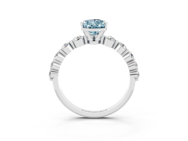 White gold Pear Cut Solitaire Aquamarine Ring with Pave Band and Four-Prong Setting