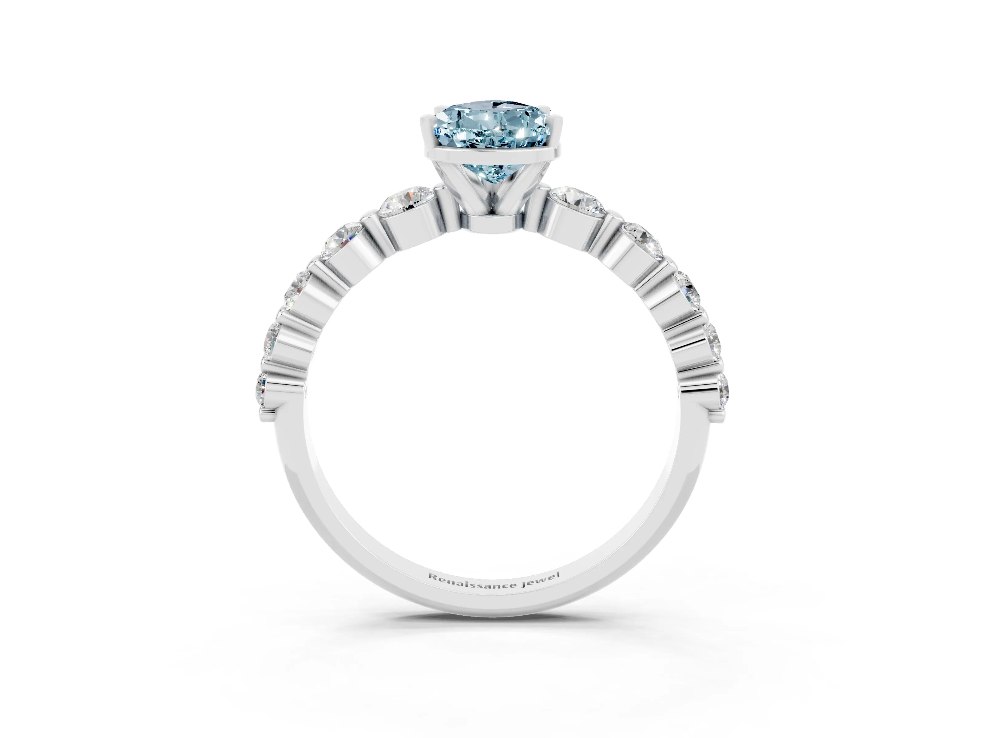 White gold Pear Cut Solitaire Aquamarine Ring with Pave Band and Four-Prong Setting_3