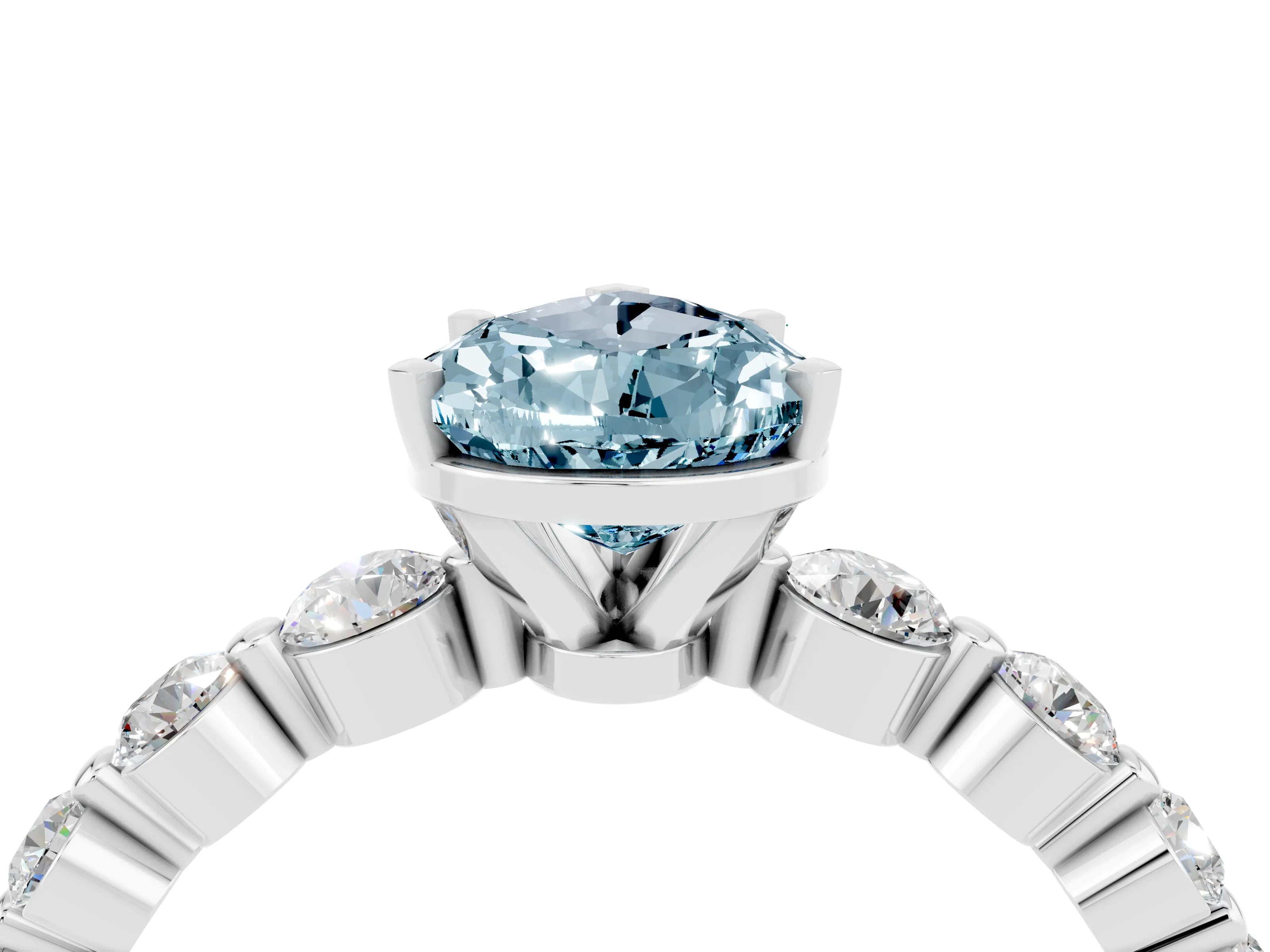 White gold Pear Cut Solitaire Aquamarine Ring with Pave Band and Four-Prong Setting_4