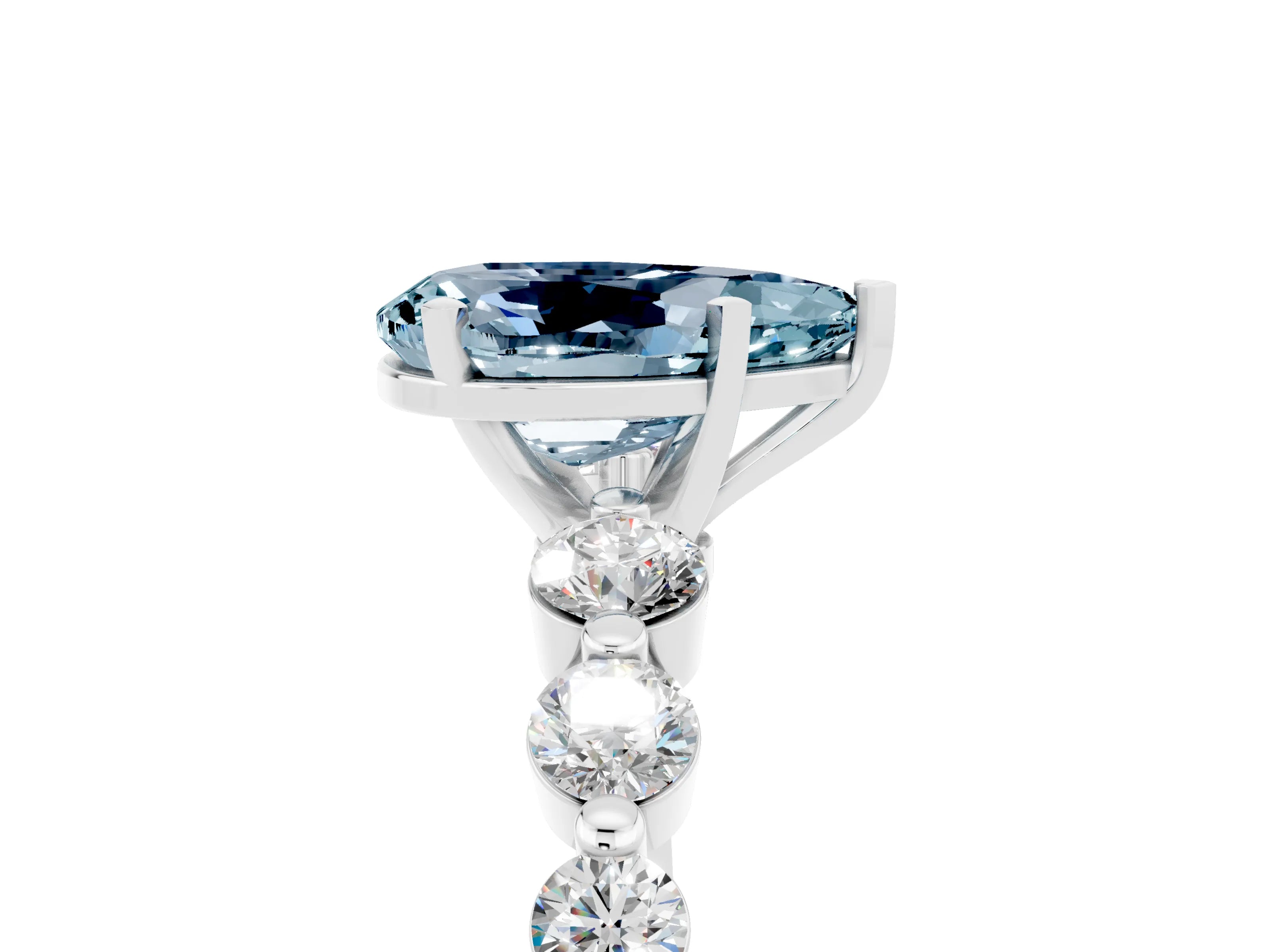 White gold Pear Cut Solitaire Aquamarine Ring with Pave Band and Four-Prong Setting_5