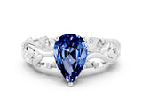 White gold Pear Cut Solitaire Blue Sapphire Leaf-Inspired Vine Band Ring with Prong Setting