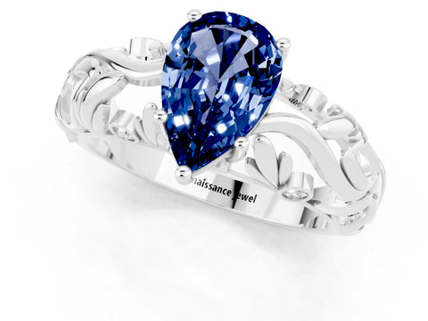 White gold Pear Cut Solitaire Blue Sapphire Leaf-Inspired Vine Band Ring with Prong Setting_1