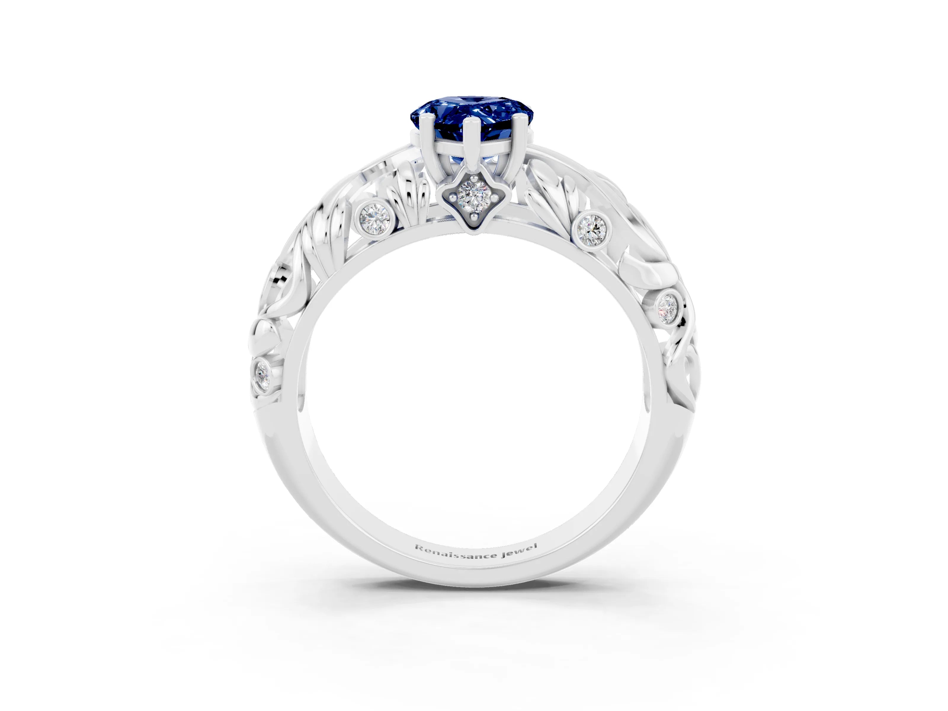 White gold Pear Cut Solitaire Blue Sapphire Leaf-Inspired Vine Band Ring with Prong Setting_3