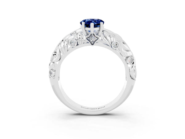 White gold Pear Cut Solitaire Blue Sapphire Leaf-Inspired Vine Band Ring with Prong Setting