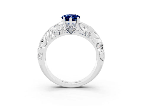 White gold Pear Cut Solitaire Blue Sapphire Leaf-Inspired Vine Band Ring with Prong Setting_3