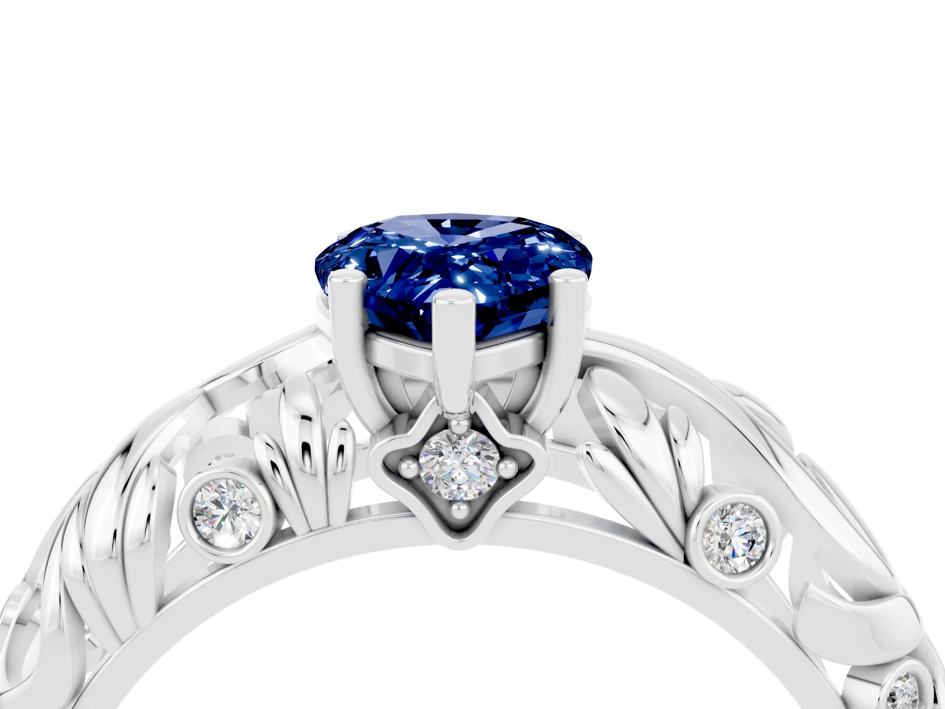 White gold Pear Cut Solitaire Blue Sapphire Leaf-Inspired Vine Band Ring with Prong Setting_4
