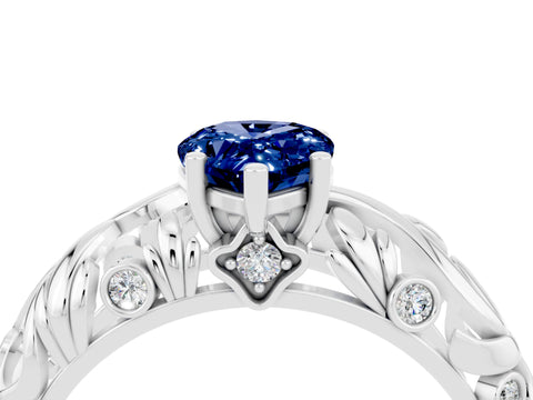 White gold Pear Cut Solitaire Blue Sapphire Leaf-Inspired Vine Band Ring with Prong Setting_4