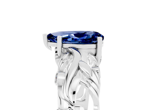 White gold Pear Cut Solitaire Blue Sapphire Leaf-Inspired Vine Band Ring with Prong Setting_5