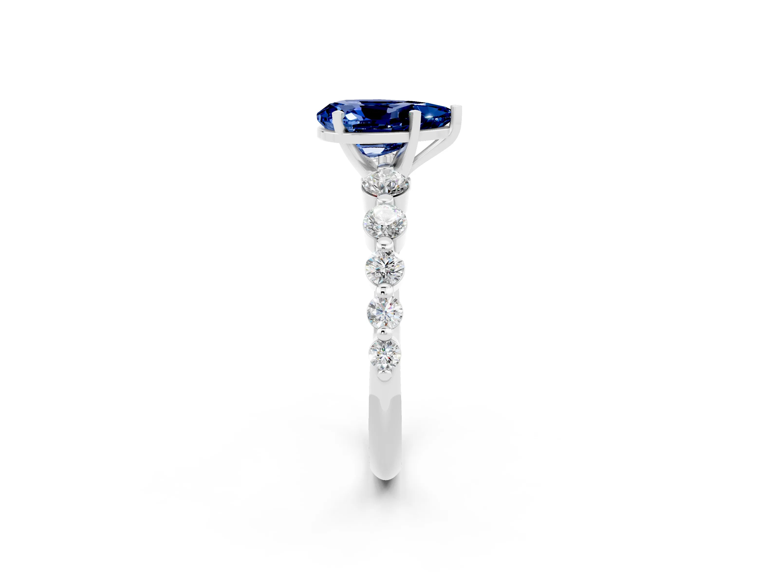 White gold Pear Cut Solitaire Blue Sapphire Ring with Pave Band and Four-Prong Setting_2