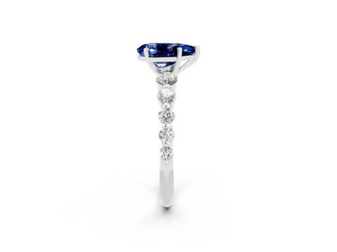 White gold Pear Cut Solitaire Blue Sapphire Ring with Pave Band and Four-Prong Setting_2