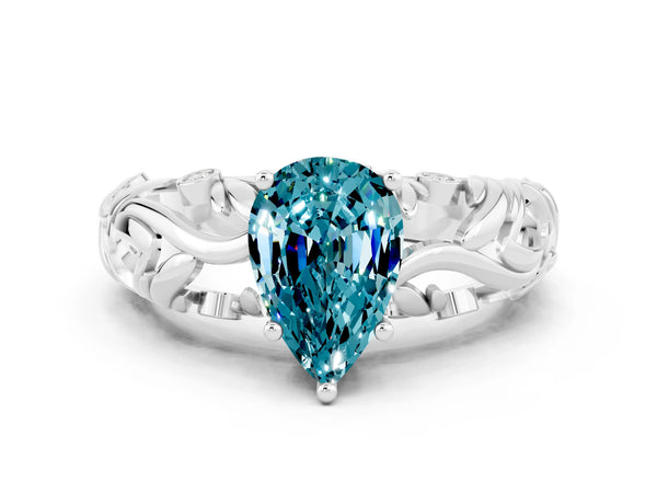 Platinum Pear Cut Solitaire Blue Topaz Leaf-Inspired Vine Band Ring with Prong Setting