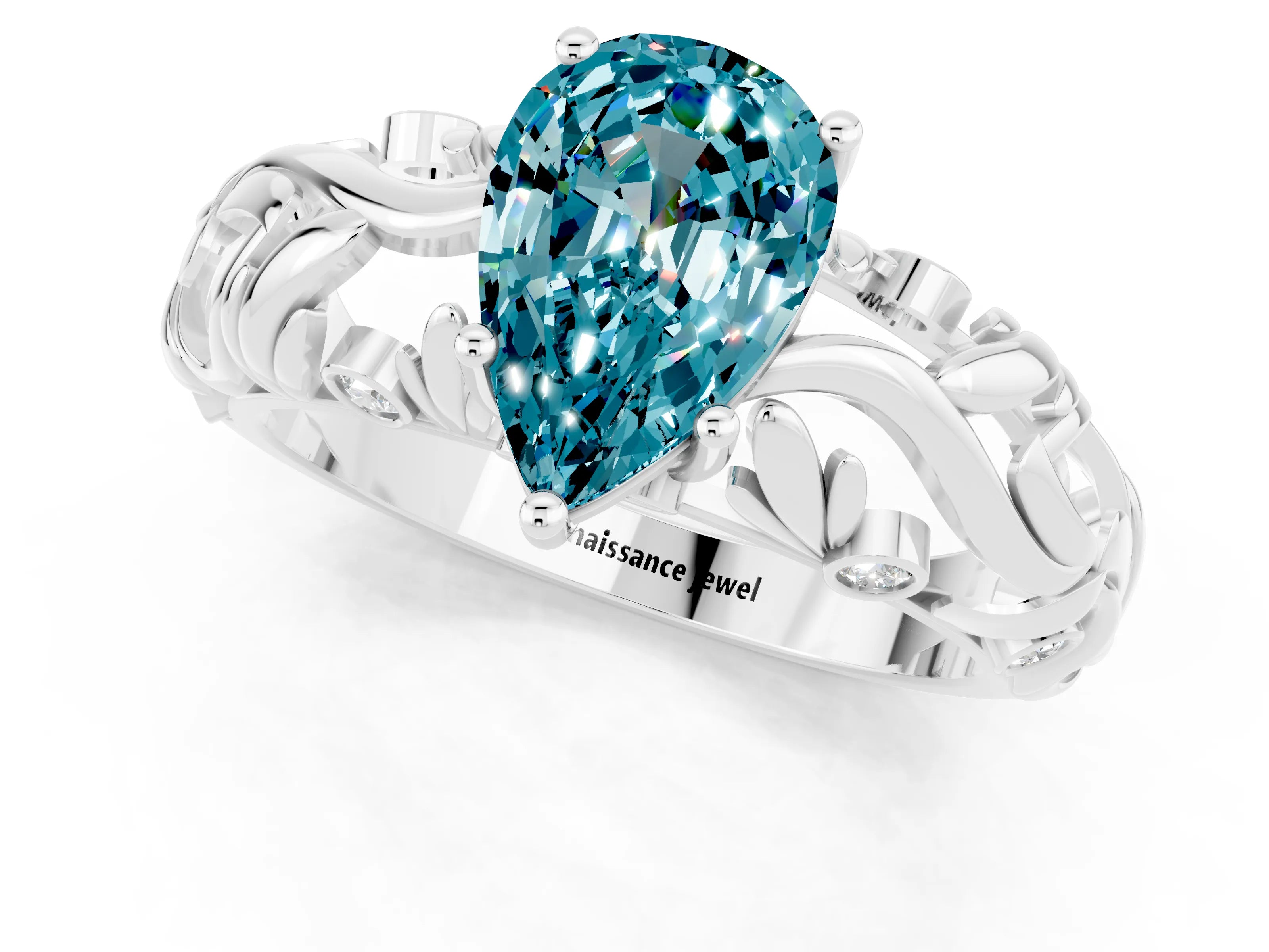 White gold Pear Cut Solitaire Blue Topaz Leaf-Inspired Vine Band Ring with Prong Setting_1